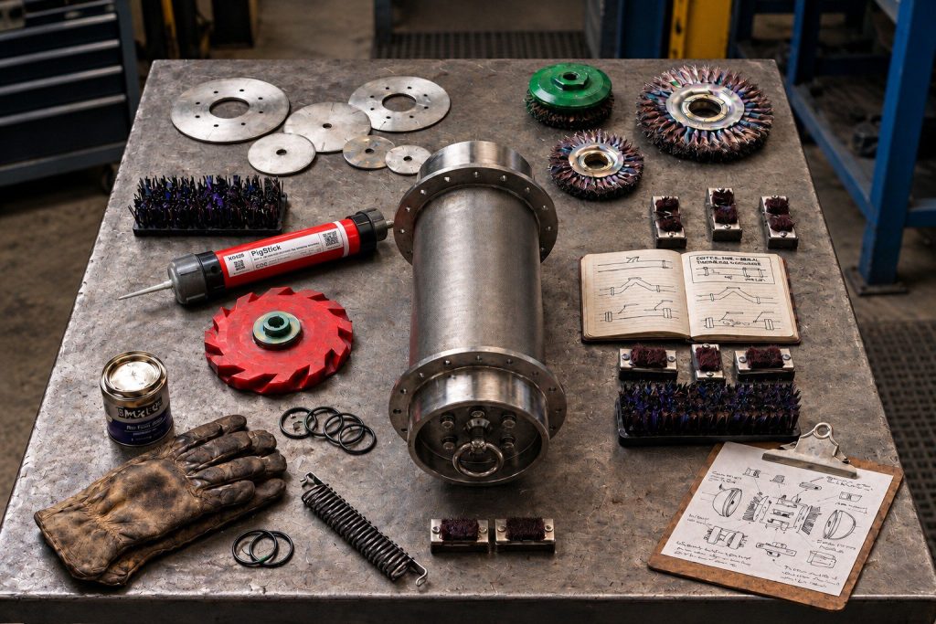 Parts of Pig laid out on the table to ensure pipeline cleaning strategies